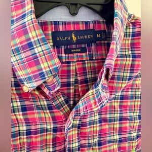 Ralph Lauren Polo Oxford Button Up Pink Plaid Long Sleeve Mens M Shirt Lime Pony